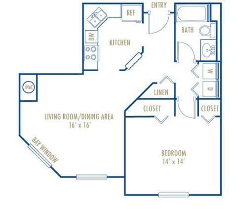 Floor plan for 1 bed, 1 bath, 774 sqft
